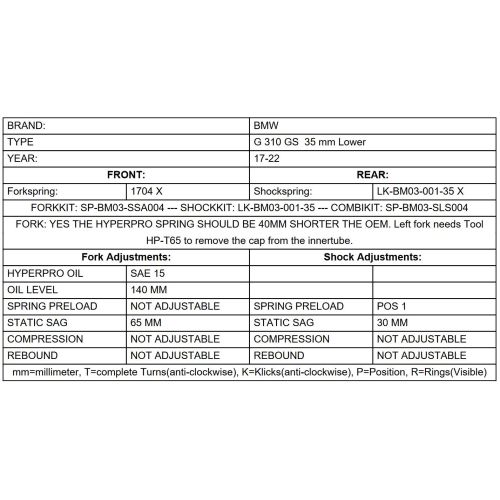 01-300-5841-0 Tieferlegung um -35mm fuer BMW G310GS (2017-2023), Gabelfedern und Umlenkung